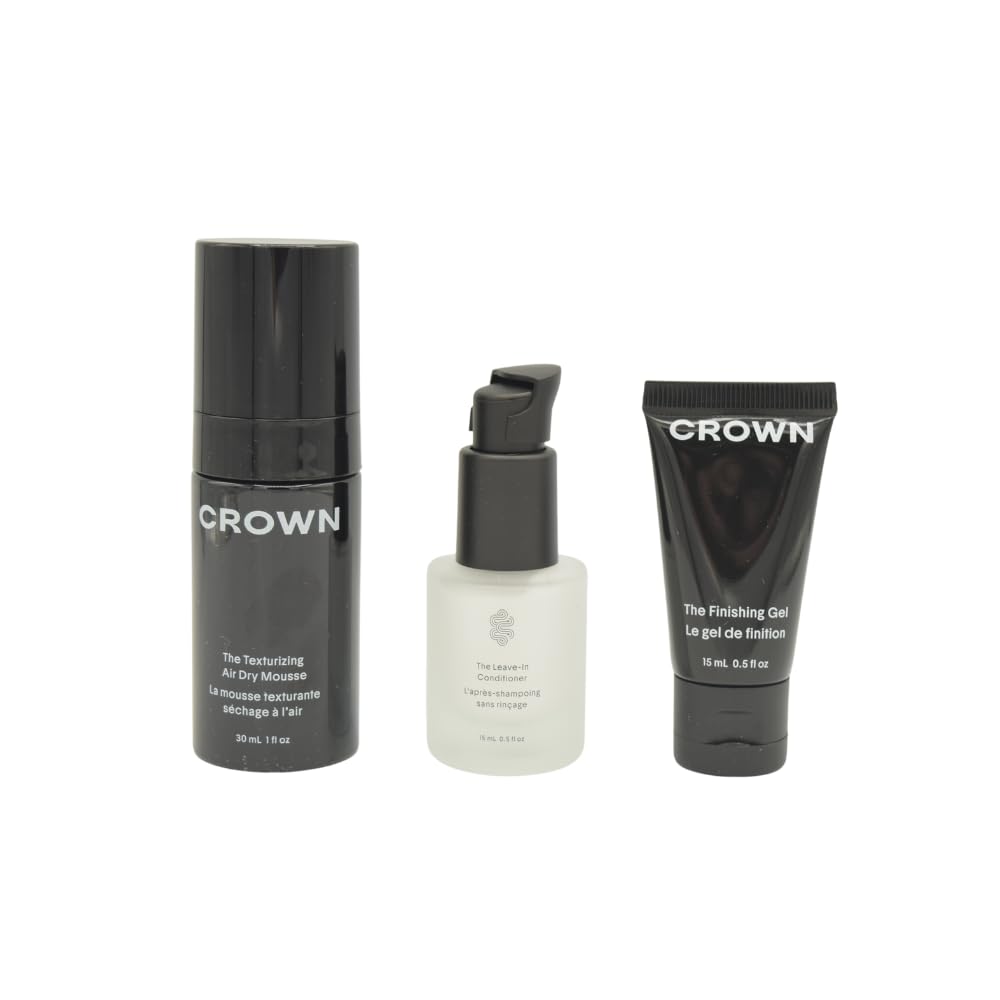Crown Affair Mini Air Dry Hair Holiday Gift Set: Leave-In Conditioner 0.5 oz, Texturizing Mousse 1 oz & Finishing Gel 0.5 oz