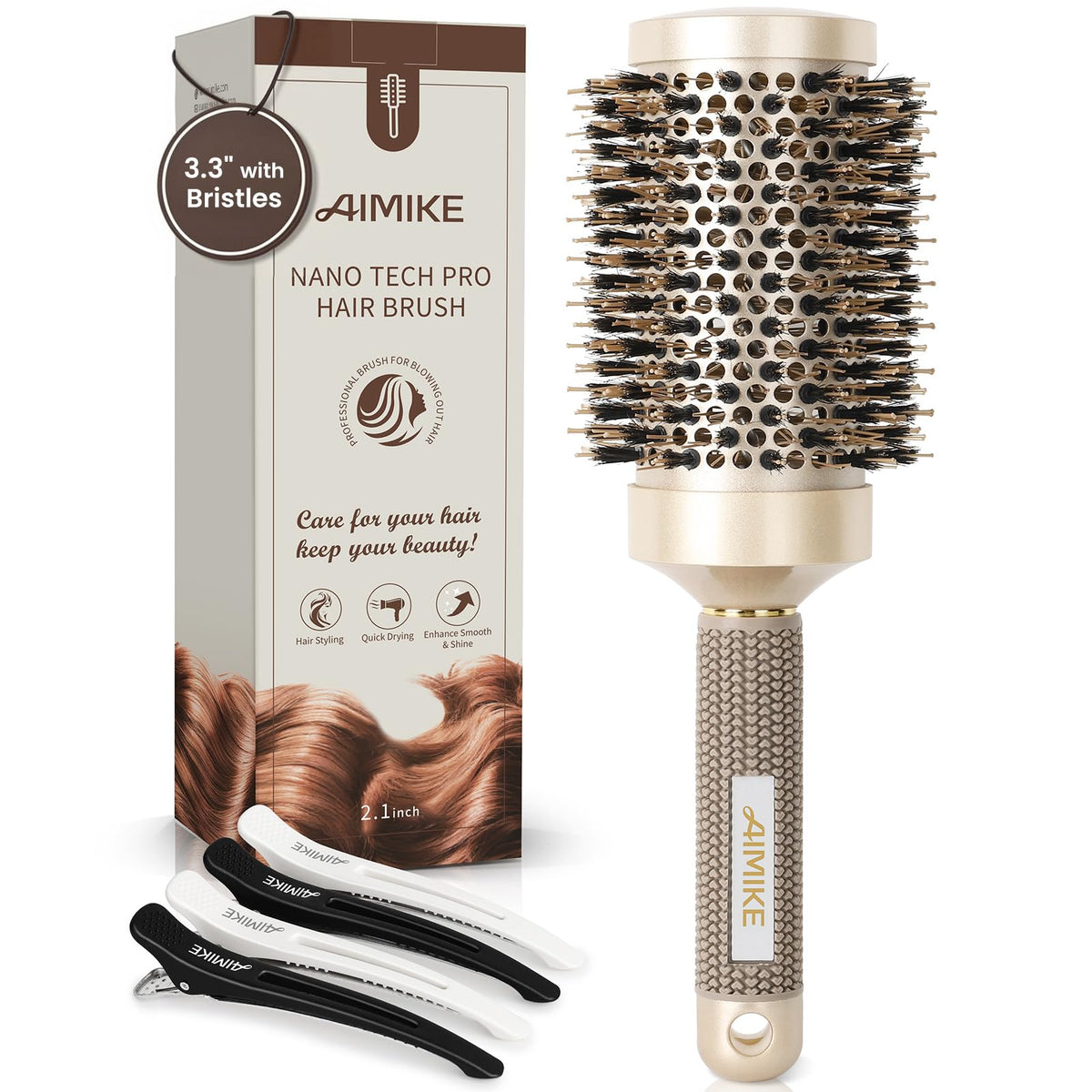 AIMIKE Round Brush for Blow Out, Medium Round Hair Brush Nano Thermal Ceramic & Ionic Tech, for Blow Drying & Styling, Curling and Shine - 2.9 inch Barrel w/Boar Bristles