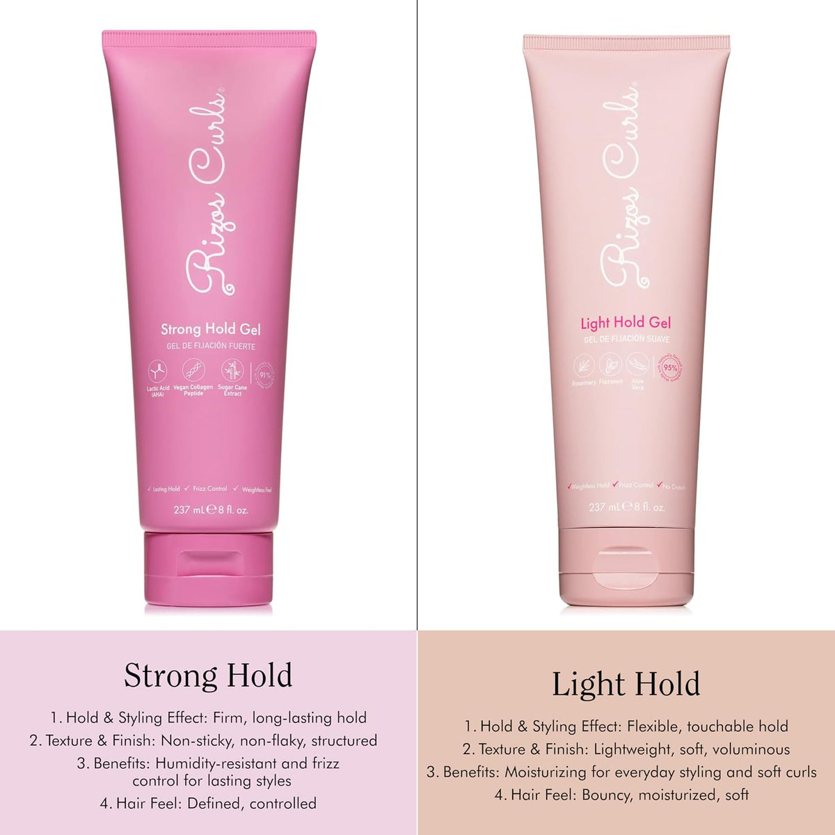 Rizos Curls Strong Hold Gel - Long-Lasting, Flake-Free Gel for Curly, Coily, and Wavy Hair, Frizz Control, Curl Definition & Shine, Vegan Collagen Peptides & Sugar Cane Extract, 8oz