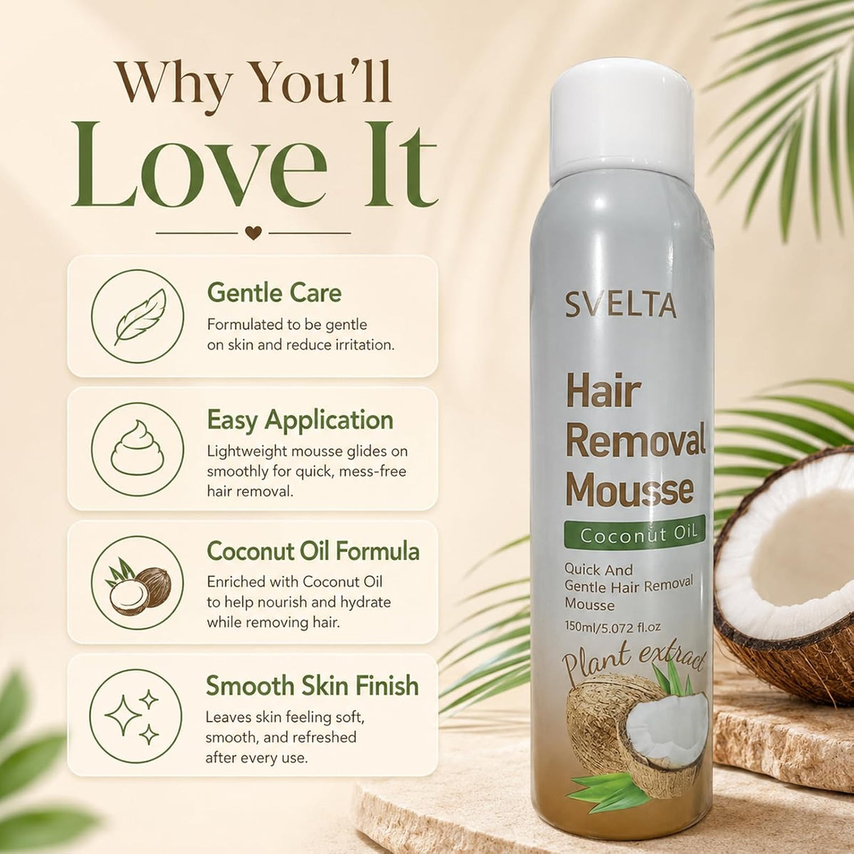 Coconut Hair Removal Mousse Kit with Aloe Vera Soothing Serum & Scraper