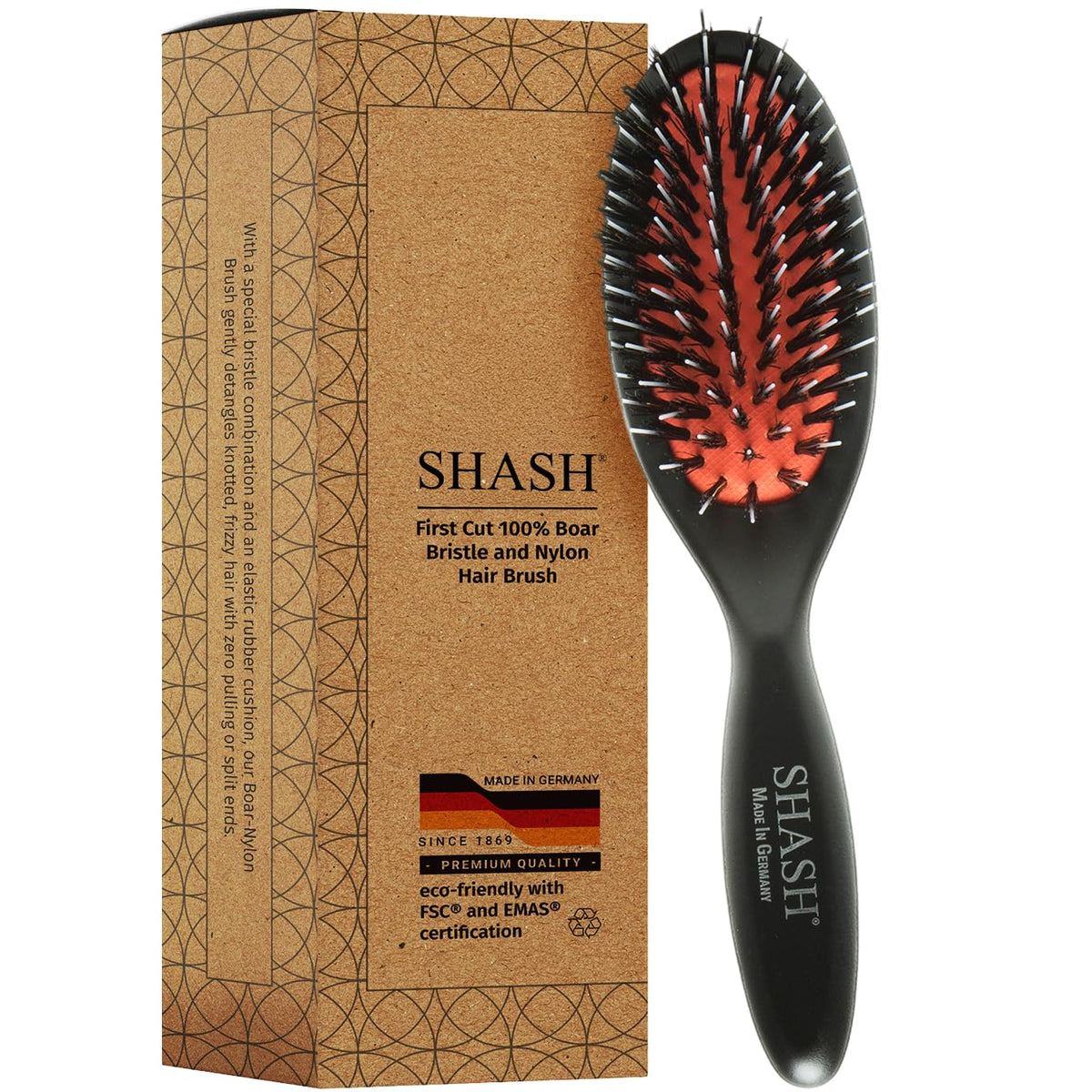 SHASH Since 1869 Hand Made In Germany - Nylon, 100% First Cut Boar Bristle Brush Suitable For Normal to Thick Hair - Gently Detangles, No Pulling or Split Ends - Softens Improves Texture, (Medium)