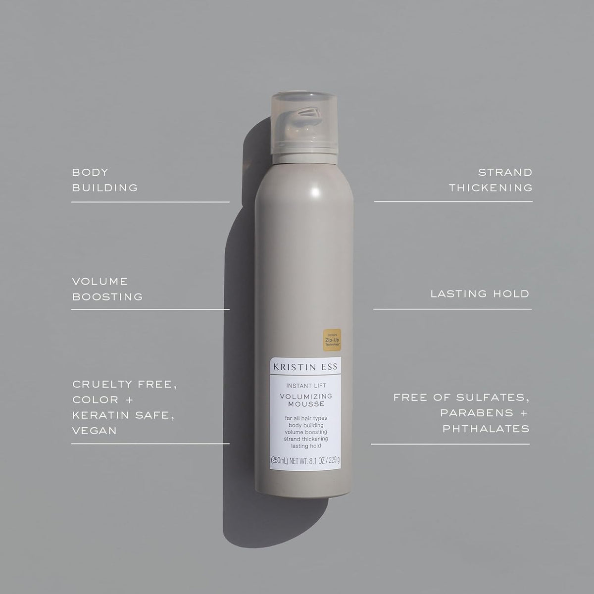 Kristin Ess Hair Instant Lift Volumizing Mousse with Castor Oil - Boosts Volume + Thickens, Body Building, Lasting Hold, Non Sticky, For Curly, Wavy + Straight Hair, 8.1 Oz