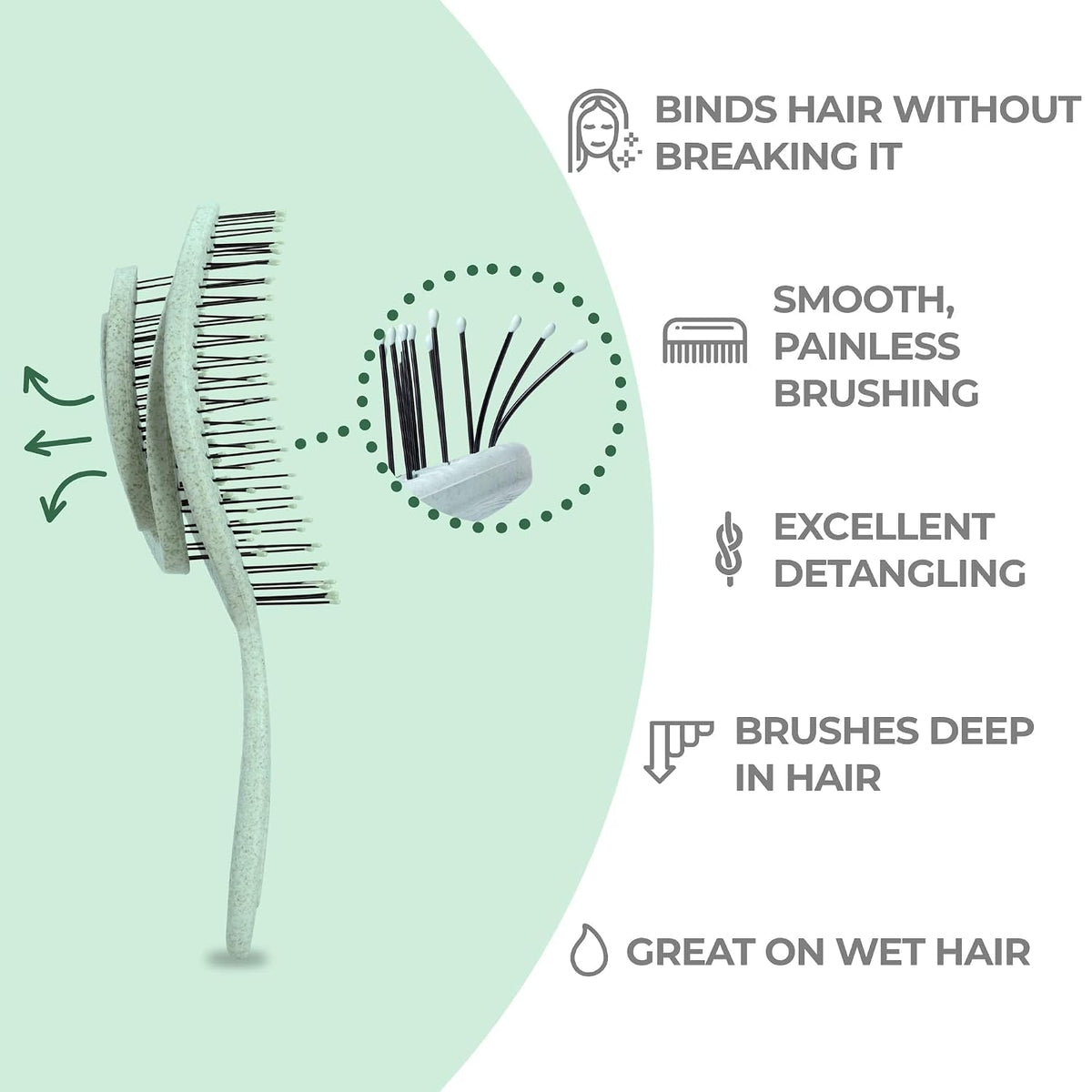 Ninabella Detangler Brush - No Tangle Hair Brush for Women, Fine, Thick and Long Hair - Hairbrush for Wet and Dry Hair, Gentle on the Scalp - Green