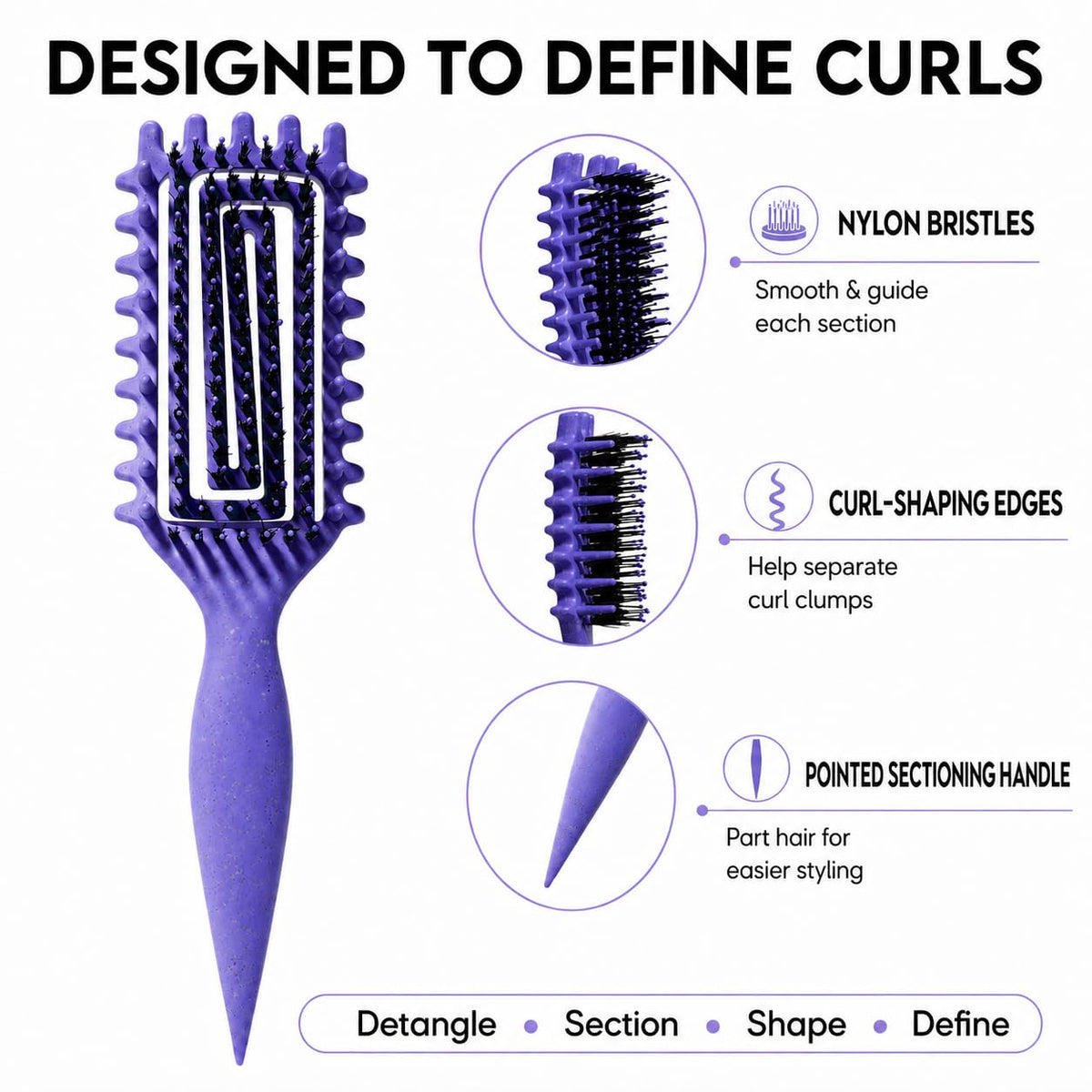 Curly Hair Brush Candybrush Curl Defining Brush for Detangling Shaping and Defining Curls for Women, Men, Wet & Dry Hair (Purple)