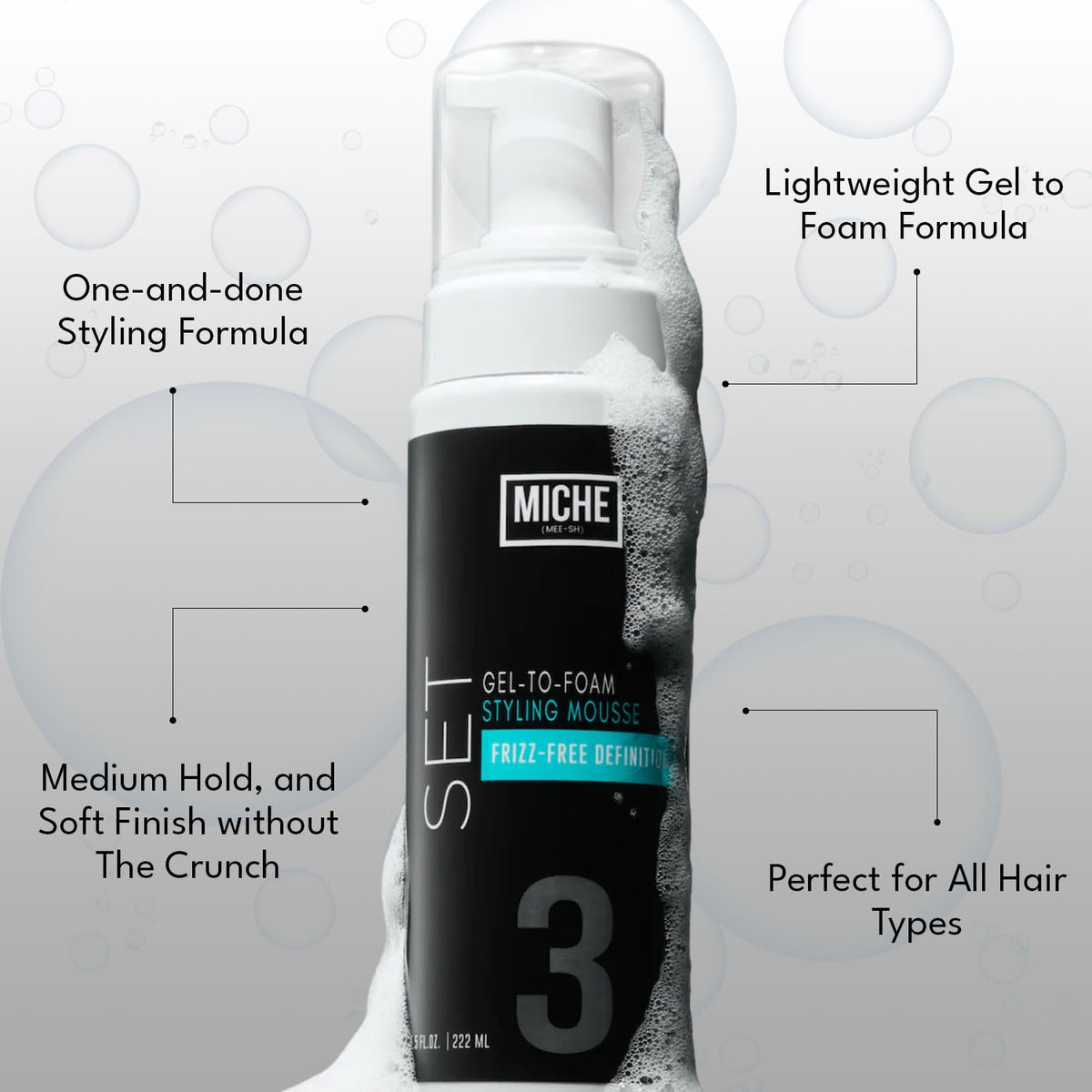 Miche Beauty Set Gel to Foam Mousse - Lightweight Styling Foam for All Hair Types, Long-Lasting Hold & Definition, Flexibility & Frizz Control, 7.5 fl oz