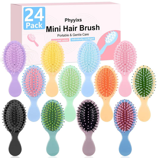 24 Pcs Mini Detangling Hairbrush (2 Packs of 12), 12 Vibrant Colors Small Brush for Dry or Damp Hair, Portable Travel Hair Brush for Teens & Adults, Bulk Party Favors & Stocking Stuffers