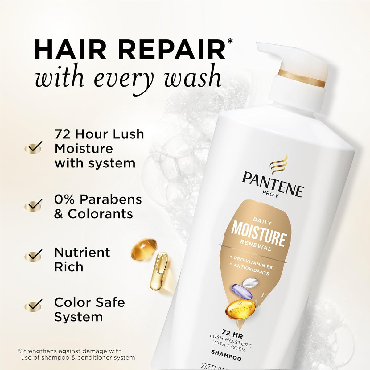 Pantene Shampoo, Daily Moisture Renewal - Pro-V Nutrients for Dry, Color-Treated, Straight to Curly Hair, 72-Hour Hydration & Softness, 27.7 Oz Each, 2-Pack + Miracle Rescue Shot (0.5 Oz)