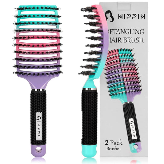 HIPPIH Boar Bristle Hair Brush Set of 2, Detangling Smoothing for Wet & Dry