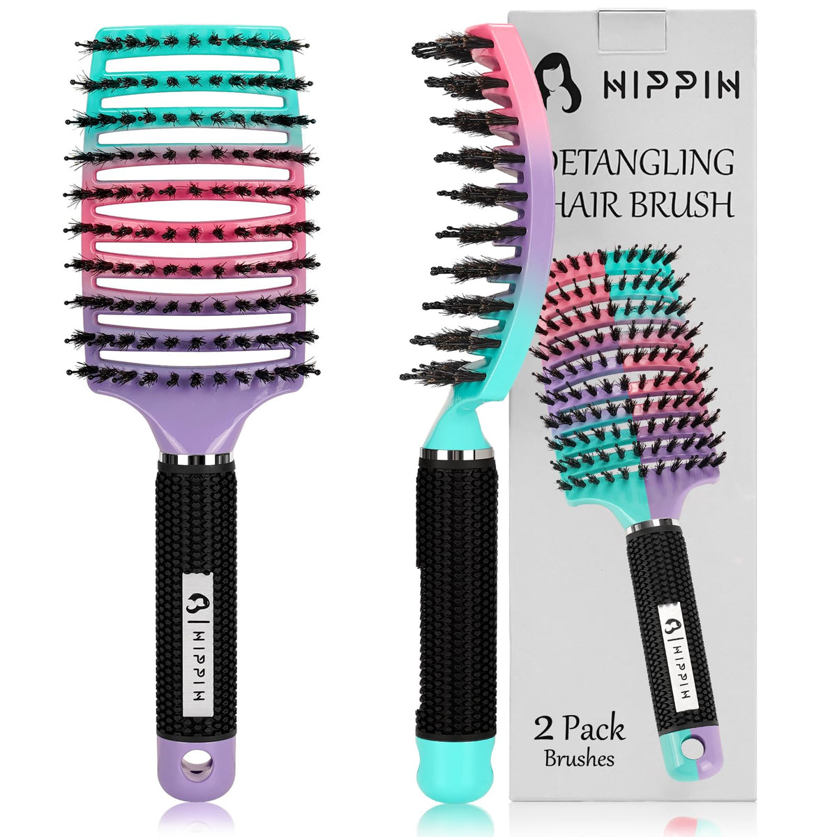 HIPPIH Boar Bristle Hair Brush Set of 2, Detangling Smoothing for Wet & Dry