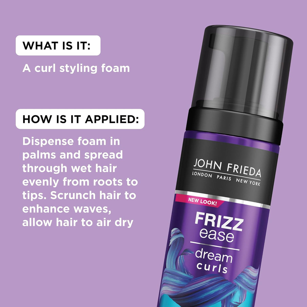 John Frieda Anti Frizz, Frizz Ease Dream Curls Air Dry Waves Styling Foam, Curl Defining Frizz Control, Hair Product for Curly and Wavy Hair, 5 Oz