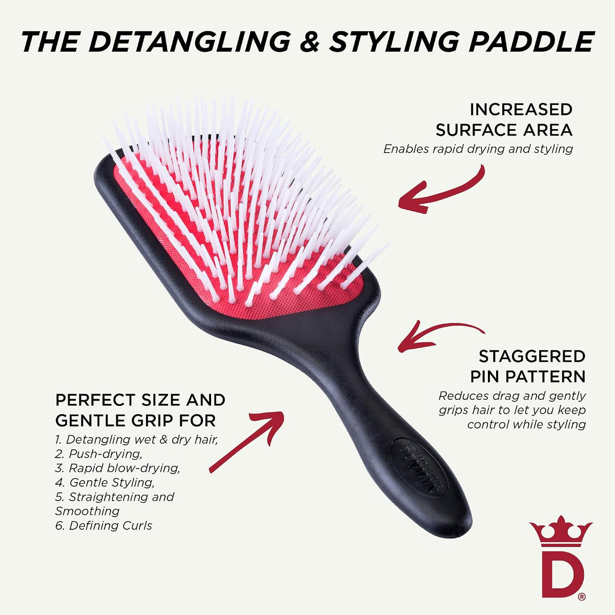 Denman Power Paddle Hair Brush for Quick and Convenient Detangling, Blow Drying and Styling - Combination of D3 Styling Pens & Paddle Brush - For Men and Women P038