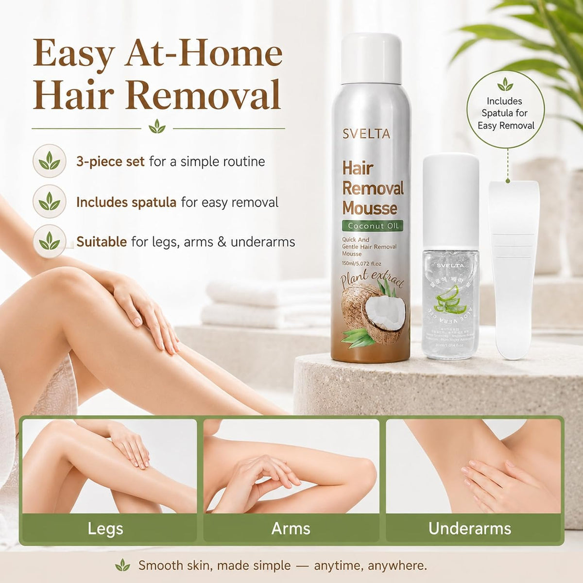 Coconut Hair Removal Mousse for Women with Aloe Vera Soothing Gel & Scraper