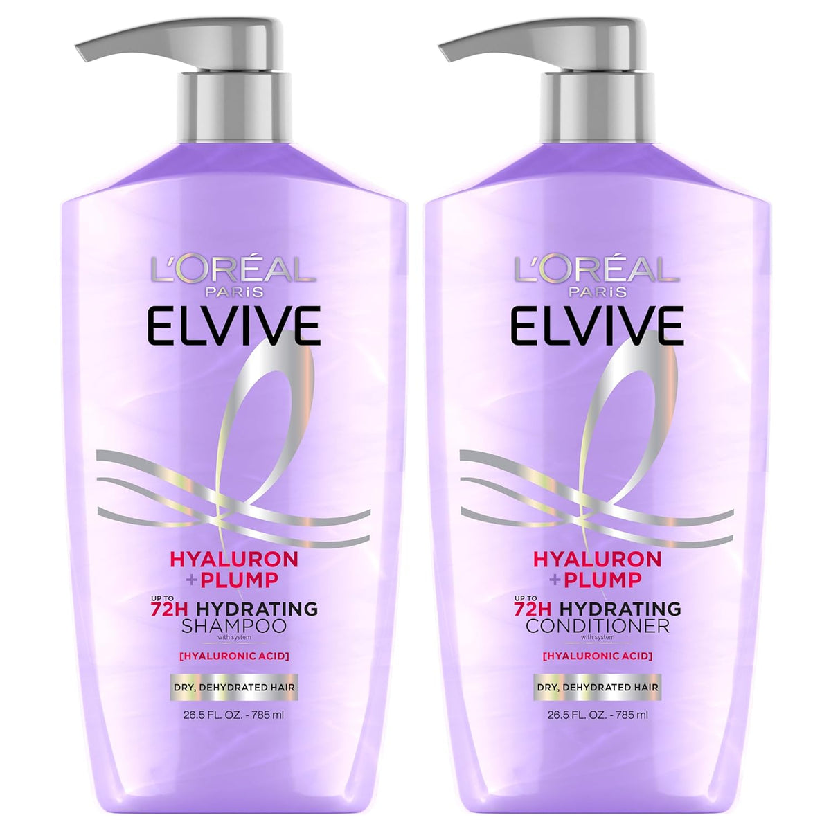 L'Oreal Paris Elvive Hyaluron Plump Shampoo and Conditioner Set for Dry, Dehydrated Hair, 72H Hydrating Hair Care, Infused with Hyaluronic Acid Complex, 53 Fl Oz Set