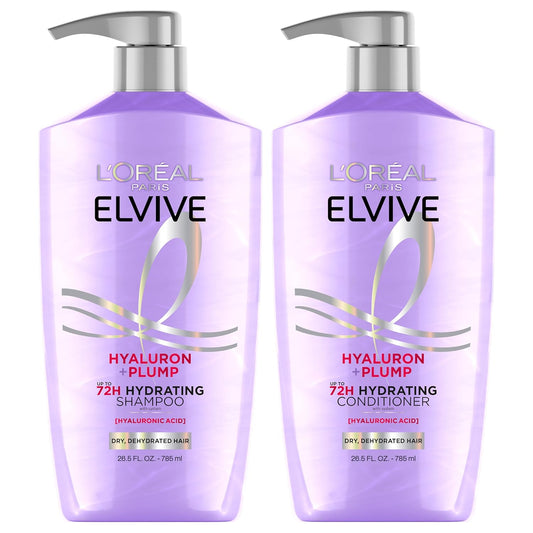 L'Oreal Paris Elvive Hyaluron Plump Shampoo and Conditioner Set for Dry, Dehydrated Hair, 72H Hydrating Hair Care, Infused with Hyaluronic Acid Complex, 53 Fl Oz Set