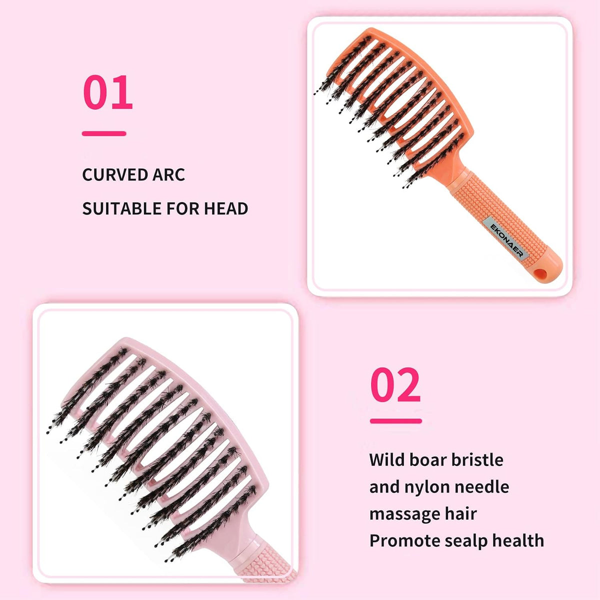 EKONAER 3 Pack Vented Quick Drying Massage Blow Detangler Brush,Boar Bristle Hair Brush Set-Curved,Detangling Hair Brush for Women Long,Thick, Thin, Curly(Green)