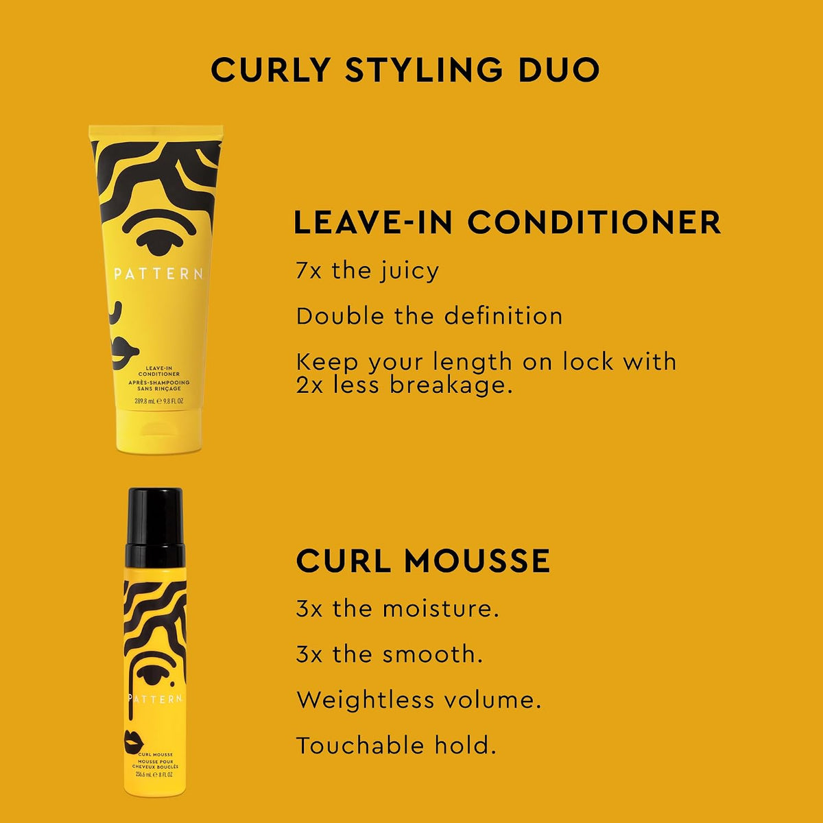 PATTERN Curly Styling Duo, Curl Mousse and Leave-In Conditioner for Curly Hair, 2-Piece Kit, 8 Fl Oz + 9.8 Fl Oz