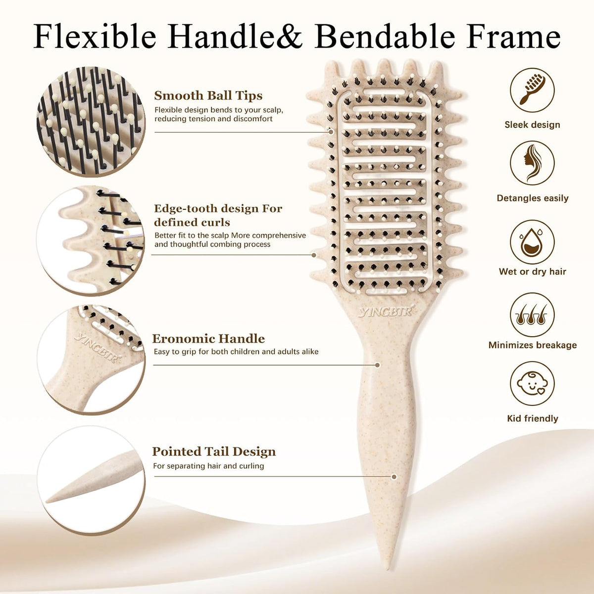 Curl Defining Brush for Curly Hair, Vented Detangling Hair Brush for Wet and Dry Styling, Curved Brush for Shaping and Smoothing Curl Clumps, Lightweight Hair Brush （Beige）