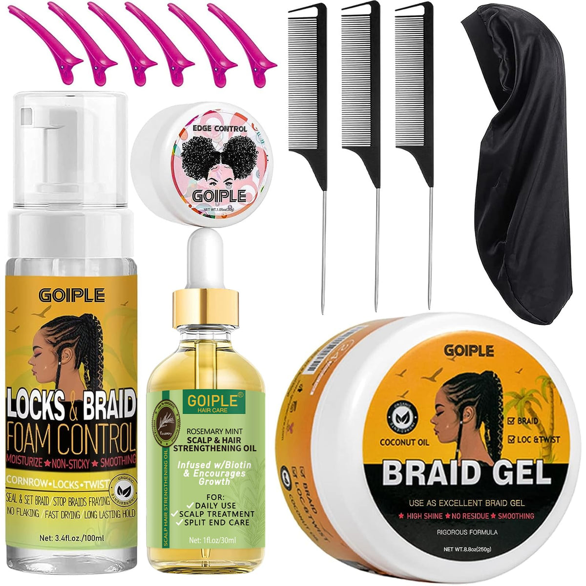 Extra Hold Braiding Kit - Smoothing Gel for Twists, Locs, Braids, Cornrows, High Shine Long Lasting Braid Mousse Foam, and Bonnet Tool