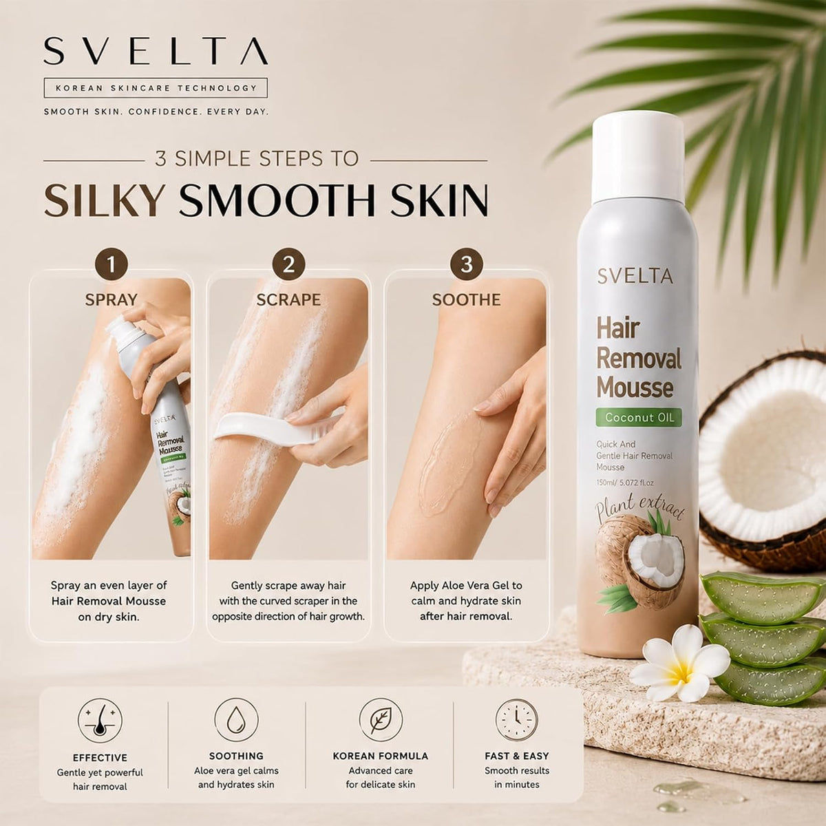 Coconut Hair Removal Mousse Kit with Aloe Vera Soothing Serum & Scraper
