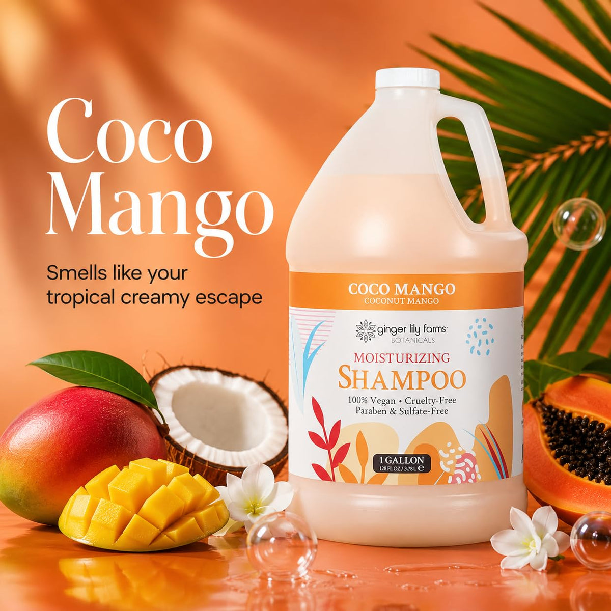 Ginger Lily Farms Botanicals Moisturizing Shampoo for All Hair Types, Coco Mango, 100% Vegan & Cruelty-Free, Coconut Mango Scent, 1 Gallon (128 fl oz) Refill