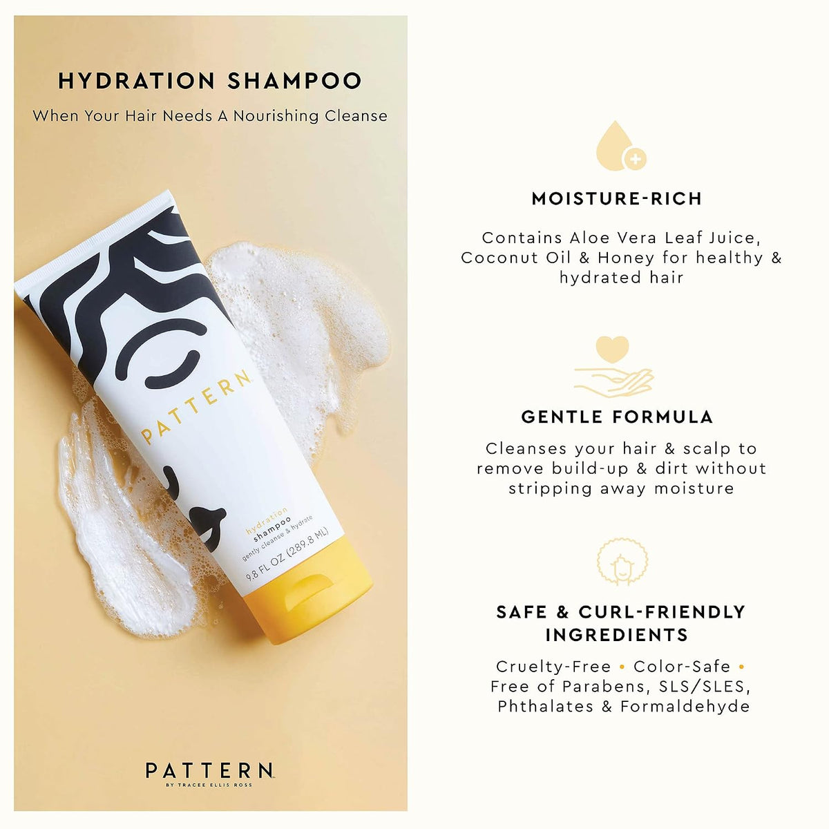 PATTERN Beauty by Tracee Ellis Ross Hydration Shampoo w Honey, Aloe Vera, Biotin and Tea Tree Leaf Oil 9.8 fl oz - Rich Moisture for Curly Hair 3a-4c