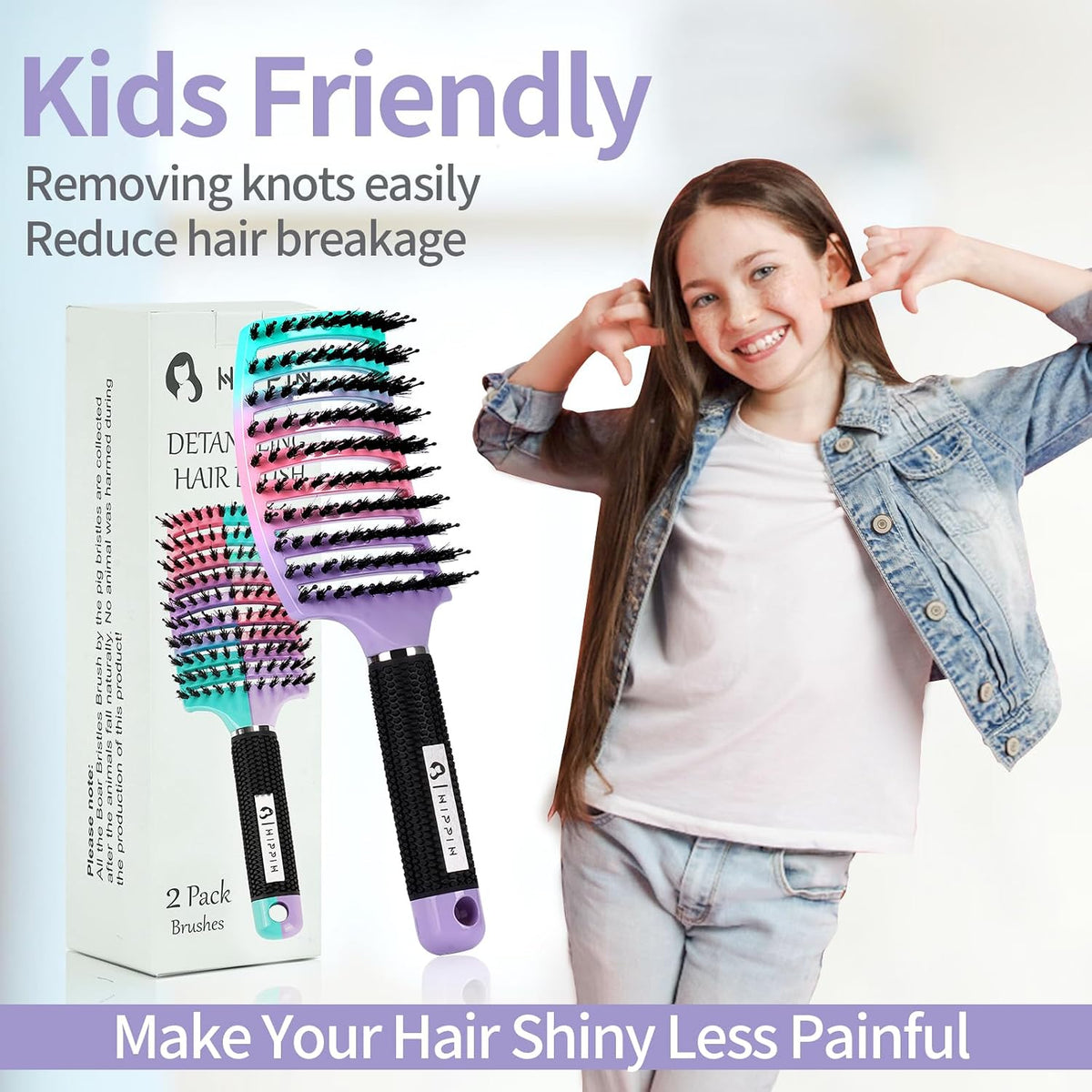 HIPPIH Boar Bristle Hair Brush Set of 2, Detangling Smoothing for Wet & Dry