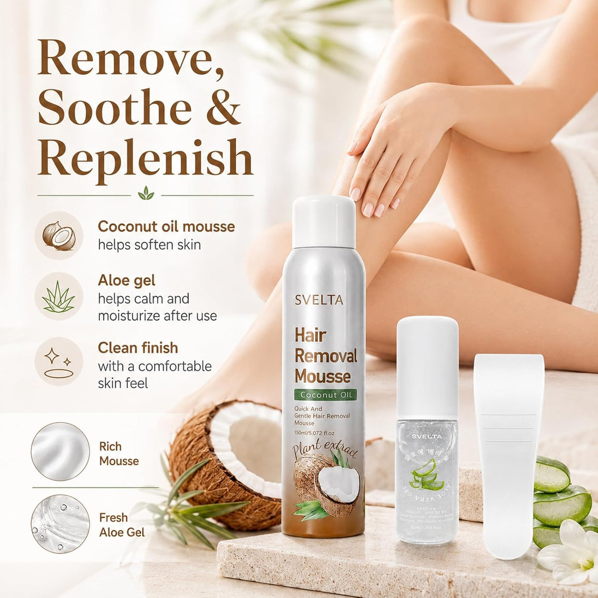 Coconut Hair Removal Mousse for Women with Aloe Vera Soothing Gel & Scraper