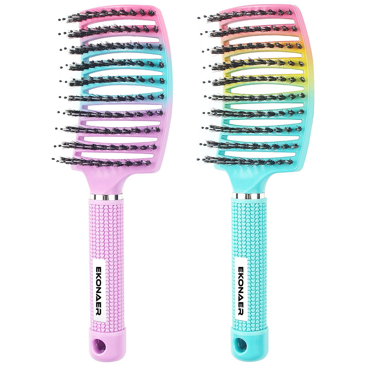 EKONAER 3 Pack Vented Quick Drying Massage Blow Detangler Brush,Boar Bristle Hair Brush Set-Curved,Detangling Hair Brush for Women Long,Thick, Thin, Curly(Green)