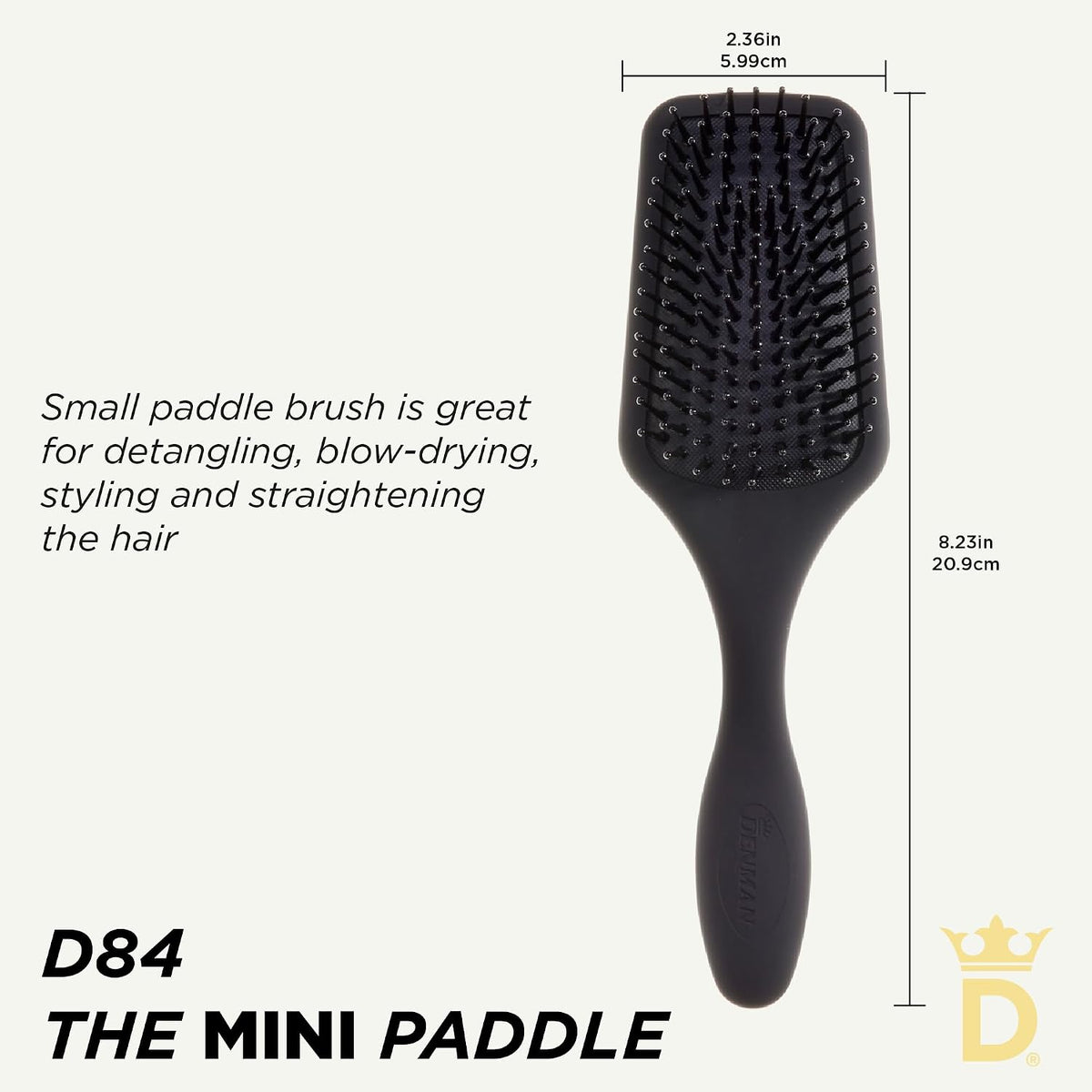 Denman (Black) Mini Paddle Cushion Hair Brush for Blow Drying, Detangling & On the Go Travel - Comfortable Styling, Straightening & Smoothing - For Women and Men, D84