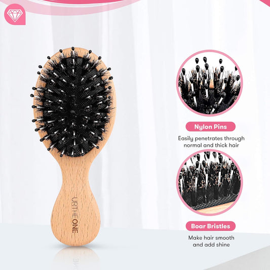 2Pcs Hair Brush Mini Boar Bristle Hairbrush for Thick Curly Thin Long Short Wet or Dry Hair Detangle Massage Add Shine, Pocket Travel Small Paddle Hair Brush for Men Women Kids