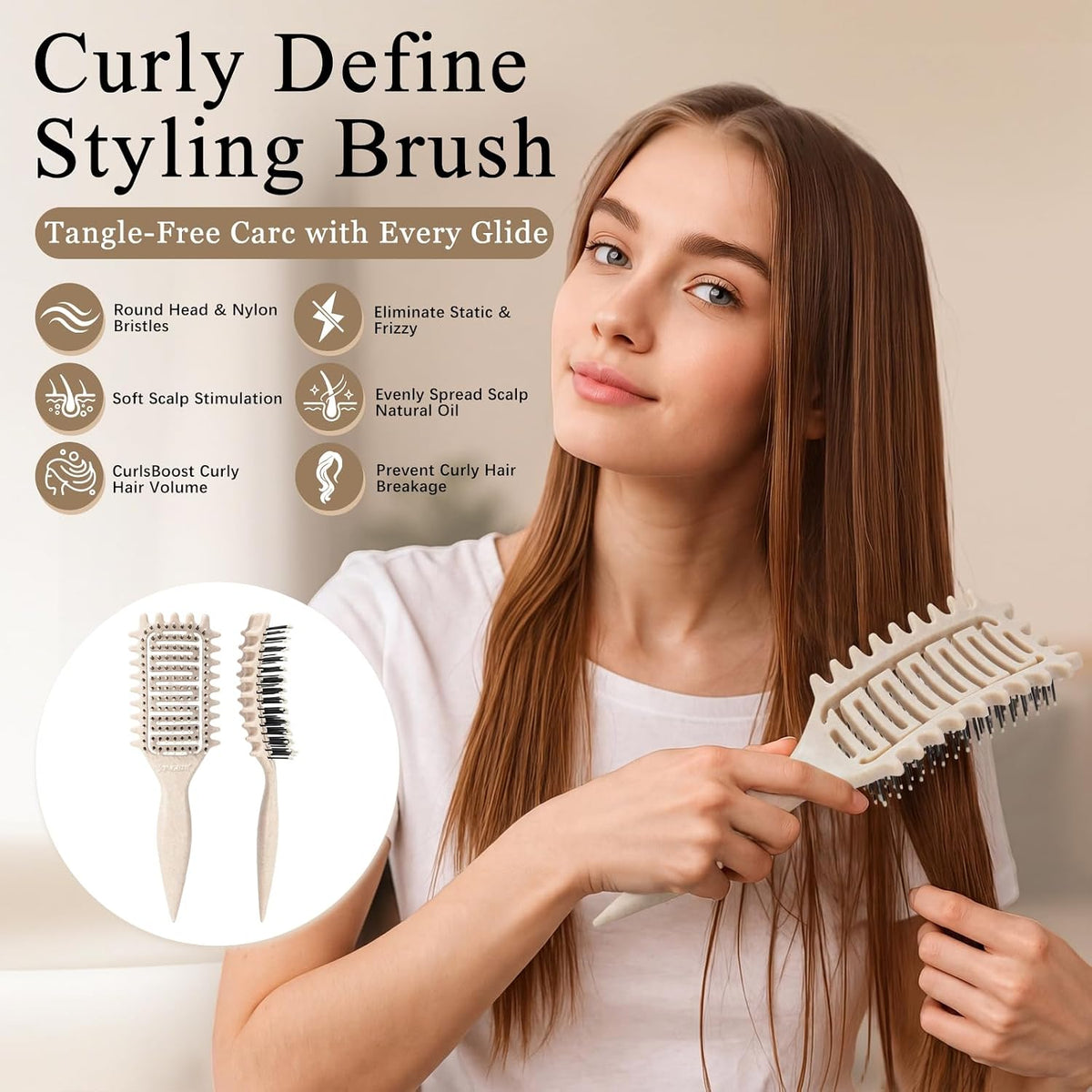Curl Defining Brush for Curly Hair, Vented Detangling Hair Brush for Wet and Dry Styling, Curved Brush for Shaping and Smoothing Curl Clumps, Lightweight Hair Brush （Beige）