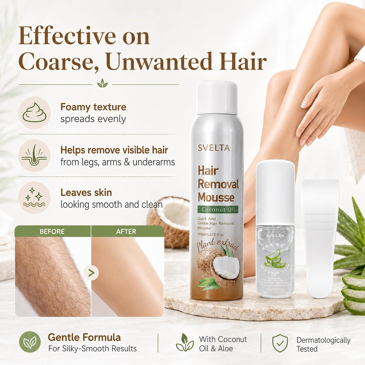 Coconut Hair Removal Mousse for Women with Aloe Vera Soothing Gel & Scraper