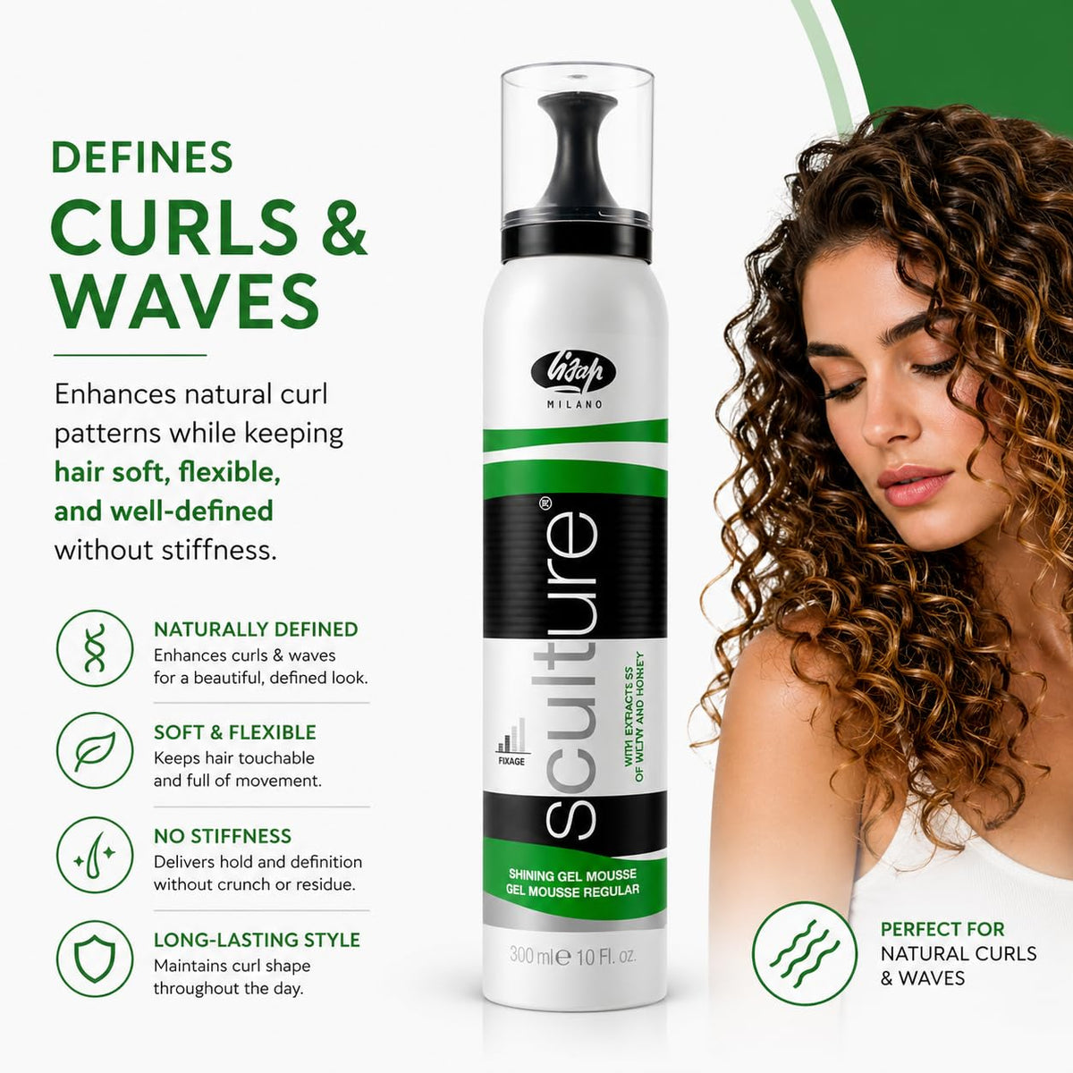 Lisap Sculture Shining Gel Mousse - Hair Mousse for wet look - Mousse for Curly Hair styling with Anti Frizz Hair effect, 10 fl oz