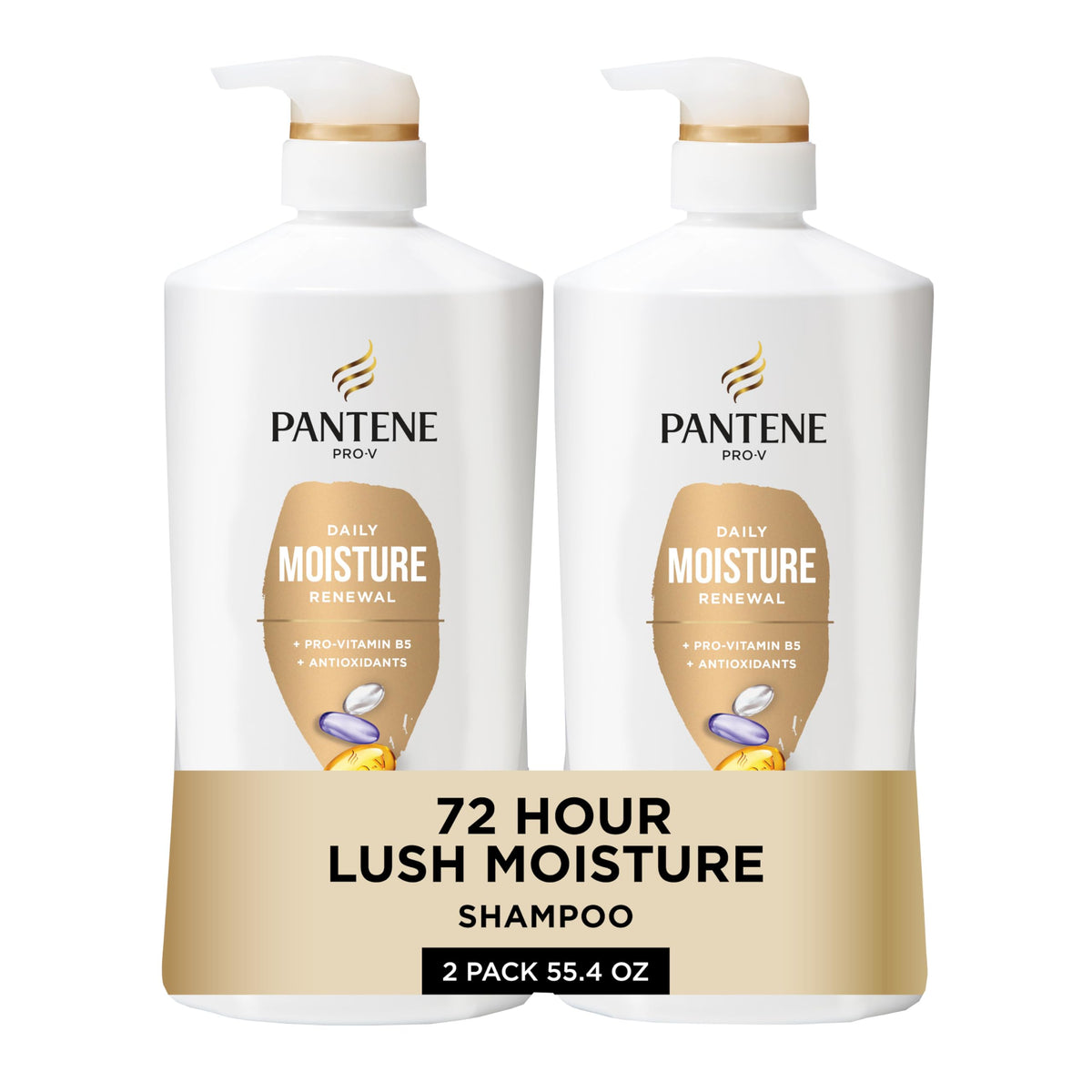 Pantene Shampoo, Daily Moisture Renewal - Pro-V Nutrients for Dry, Color-Treated, Straight to Curly Hair, 72-Hour Hydration & Softness, 27.7 Oz Each, 2-Pack + Miracle Rescue Shot (0.5 Oz)