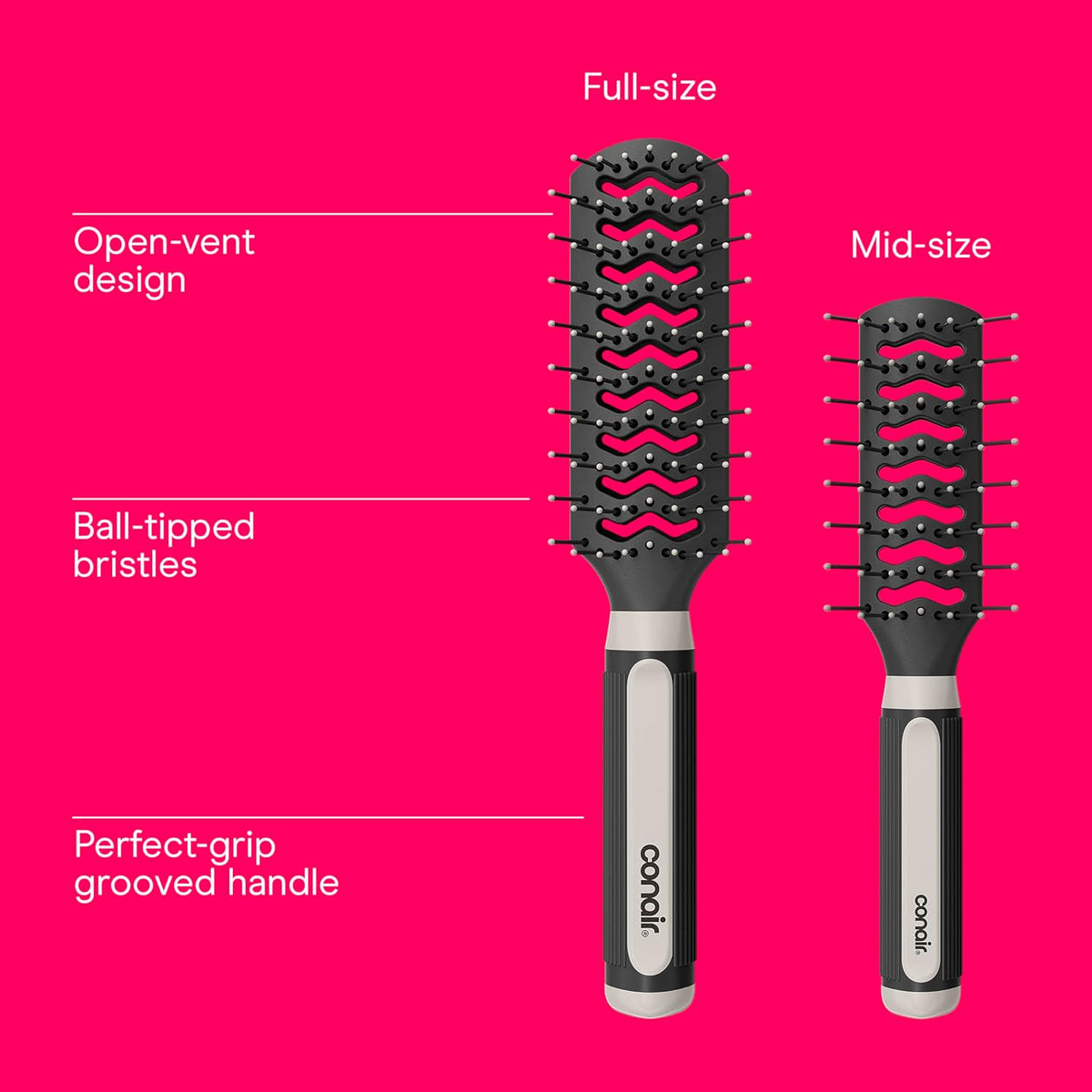 Conair Hair Brush Set, Grip & Lift Vent, Full-Size & Mid-Size, Black