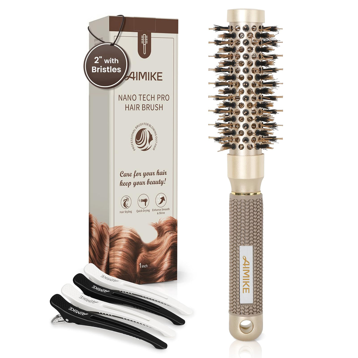 AIMIKE Round Brush for Blow Out, Medium Round Hair Brush Nano Thermal Ceramic & Ionic Tech, for Blow Drying & Styling, Curling and Shine - 2.9 inch Barrel w/Boar Bristles