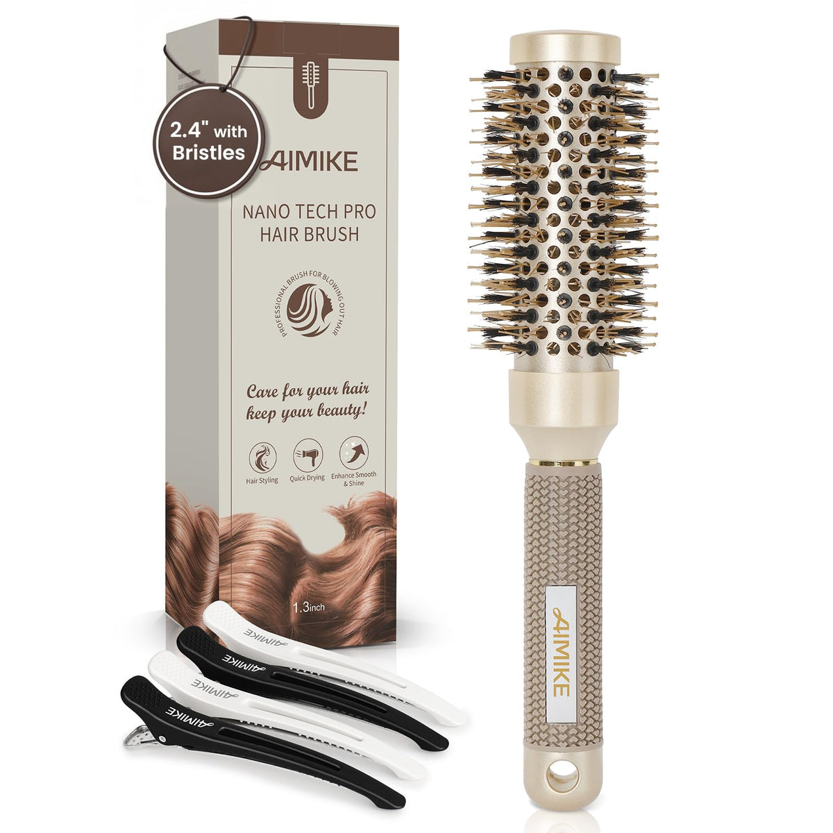 AIMIKE Round Brush for Blow Out, Medium Round Hair Brush Nano Thermal Ceramic & Ionic Tech, for Blow Drying & Styling, Curling and Shine - 2.9 inch Barrel w/Boar Bristles
