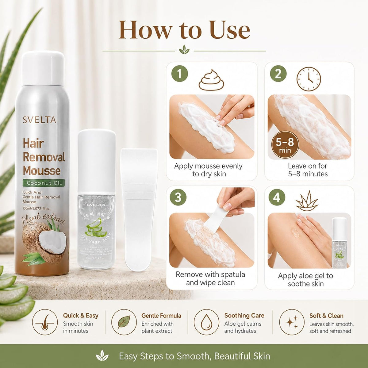 Coconut Hair Removal Mousse for Women with Aloe Vera Soothing Gel & Scraper