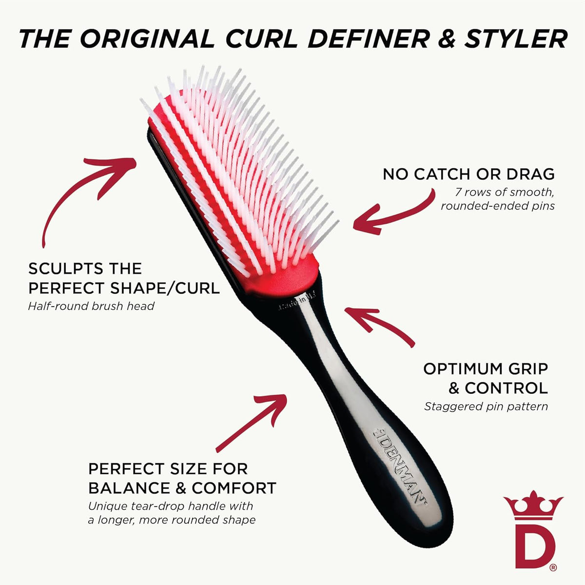Denman D3 Original Curl Definer & Styler, Curly Hair Brush for Women & Men – 7 Row Detangling & Curl Defining Brush for Smooth Defined Curls - a precision Styling Brush for straight hair
