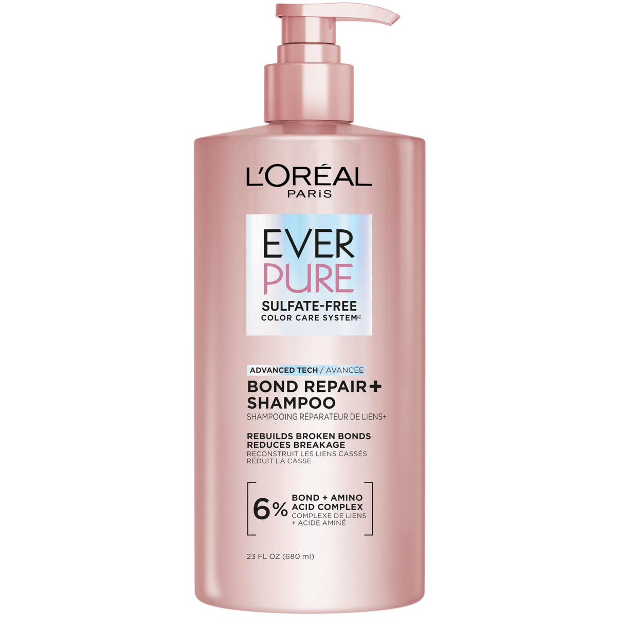 L'Oreal Paris Sulfate Free Bond Repair+ Shampoo, Hair Shampoo with Amino Acid Complex, Strengthens and Repairs Damaged or Color Treated Hair, EverPure, 23 Fl Oz (Packaging May Vary)