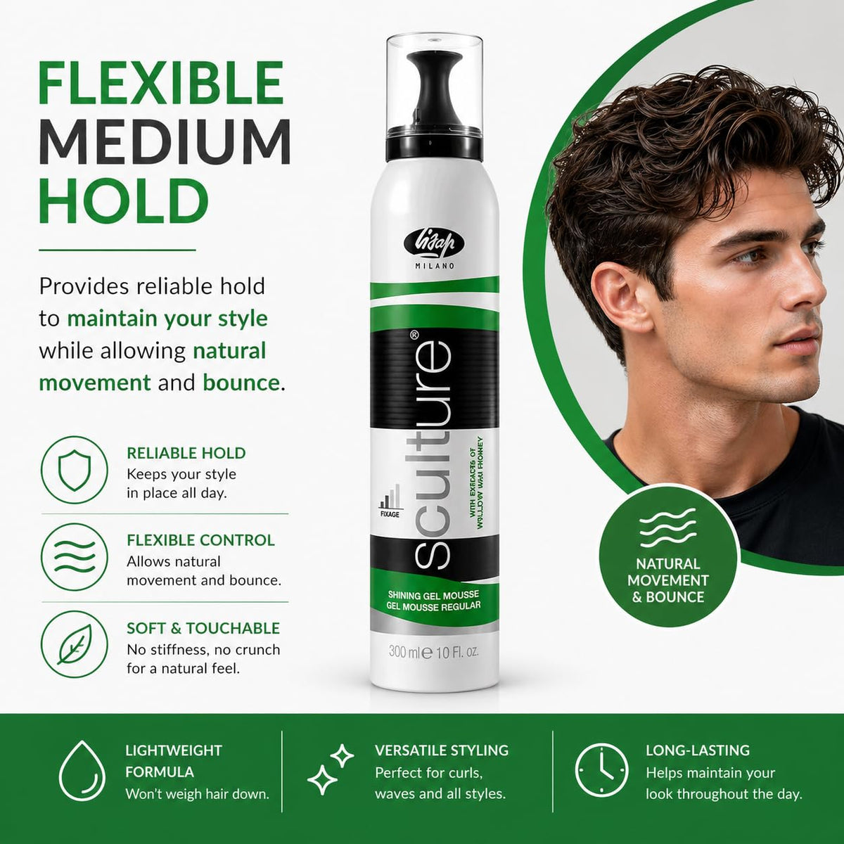 Lisap Sculture Shining Gel Mousse - Hair Mousse for wet look - Mousse for Curly Hair styling with Anti Frizz Hair effect, 10 fl oz