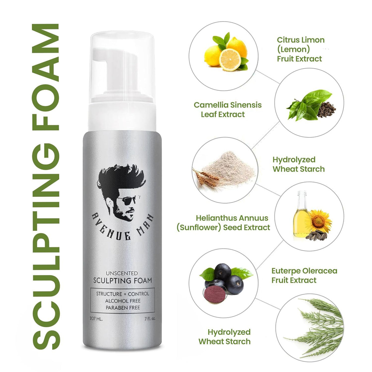 Avenue Man Sculpting Foam for Men - Frizz Control & Firm Hold Hair Mousse for Men - Styling Hair Products - Mens Mousse for Hair Styling with No Crunch, Clean Texture & Long-Lasting Lift - 7 oz