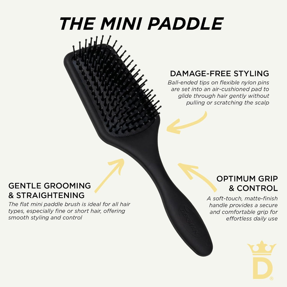 Denman (Black) Mini Paddle Cushion Hair Brush for Blow Drying, Detangling & On the Go Travel - Comfortable Styling, Straightening & Smoothing - For Women and Men, D84