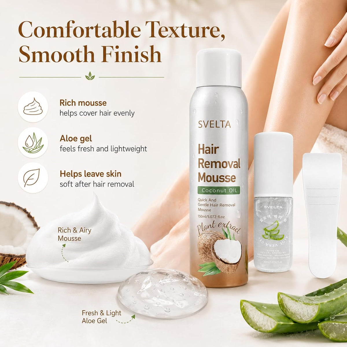 Coconut Hair Removal Mousse for Women with Aloe Vera Soothing Gel & Scraper