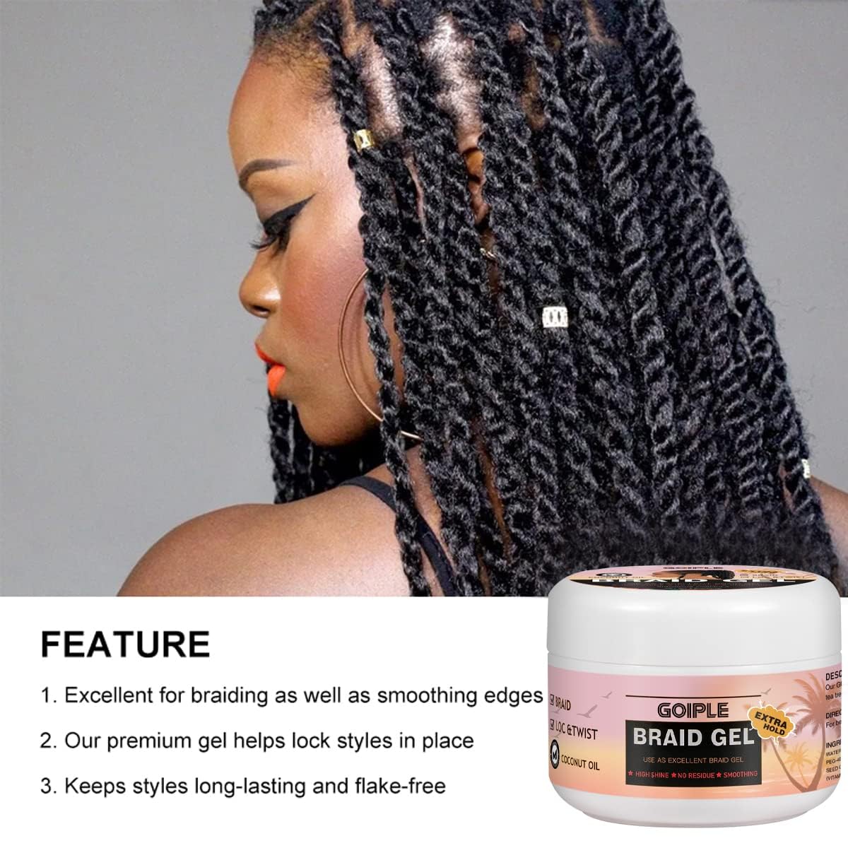 Extra Hold Styling Gel and Mousse for Braids, Twists, Locs, Cornrows - Frizz Taming, Smoothing & Edge Control with Rosemary Hair Growth Oil (Bonus: Hair Combs, Bonnet, Clips)