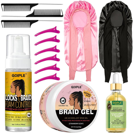 Extra Hold Braiding Kit - Smoothing Gel for Twists, Locs, Braids, Cornrows, High Shine Long Lasting Braid Mousse Foam, and Bonnet Tool