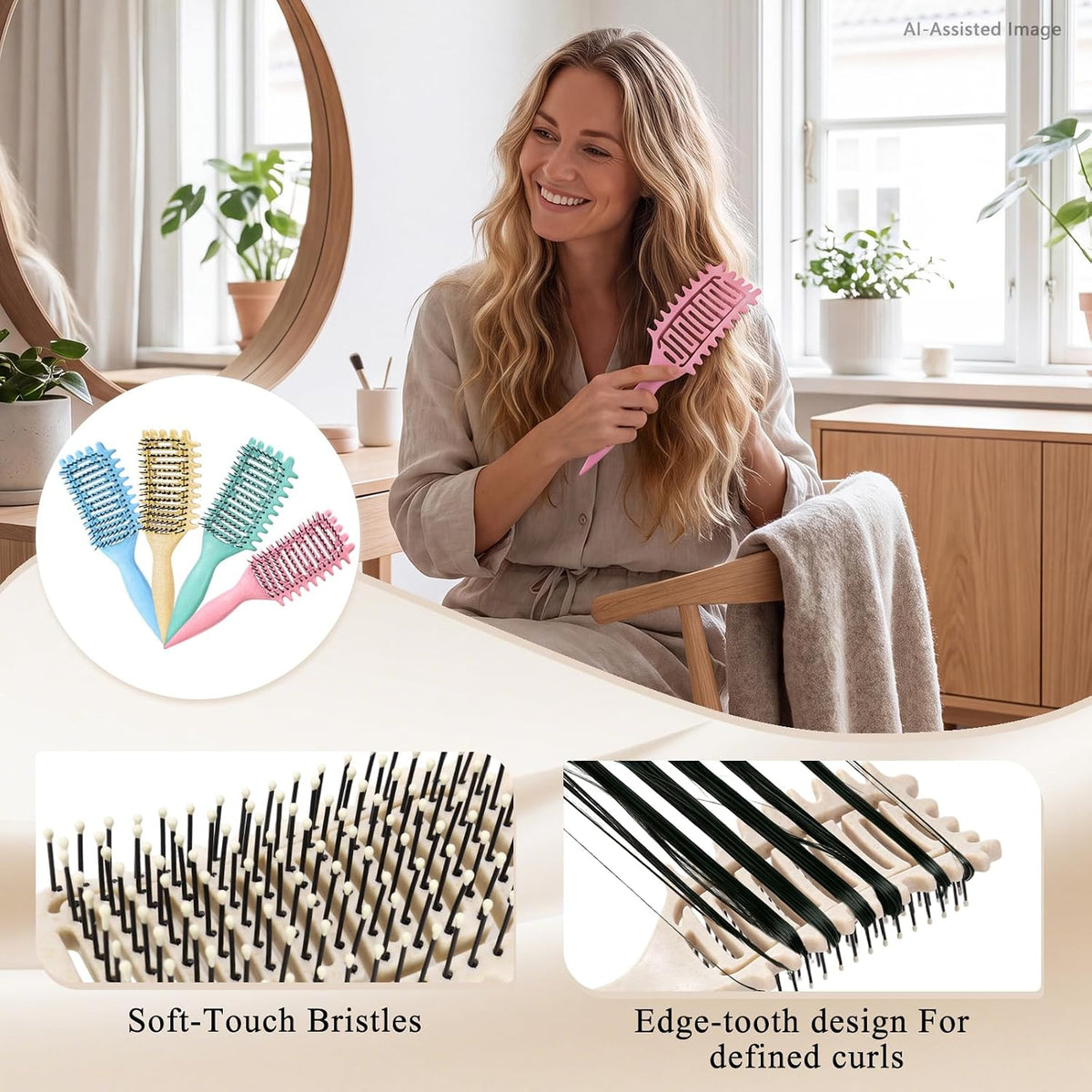 Curl Defining Brush for Curly Hair, Vented Detangling Hair Brush for Wet and Dry Styling, Curved Brush for Shaping and Smoothing Curl Clumps, Lightweight Hair Brush （Beige）