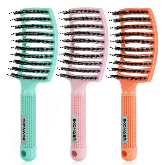 EKONAER 3 Pack Vented Quick Drying Massage Blow Detangler Brush,Boar Bristle Hair Brush Set-Curved,Detangling Hair Brush for Women Long,Thick, Thin, Curly(Green)