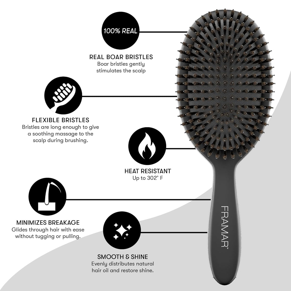 FRAMAR Soft Boar Bristle Hair Brush For Women, Boars Hair Brush For Women