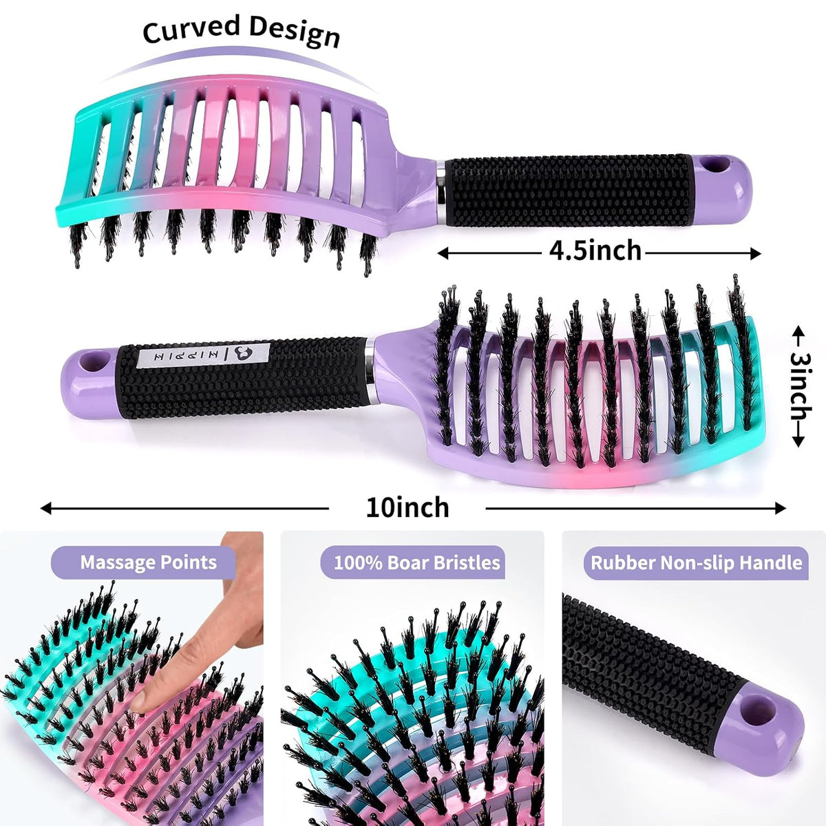 HIPPIH Boar Bristle Hair Brush Set of 2, Detangling Smoothing for Wet & Dry